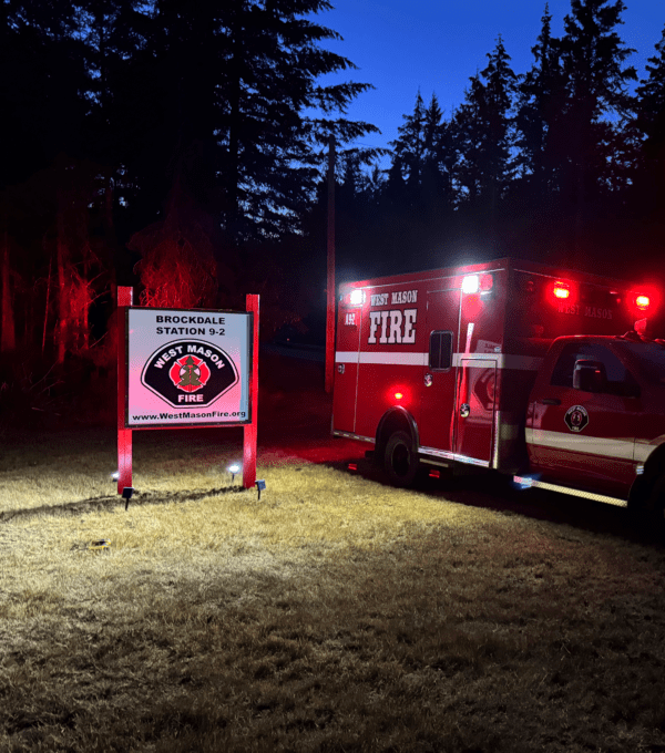 WMF Station 9-2 Sign at Night | West Mason Fire | Mason County Fire District 16 & 9 | OneStop Northwest LLC | OneStopNW