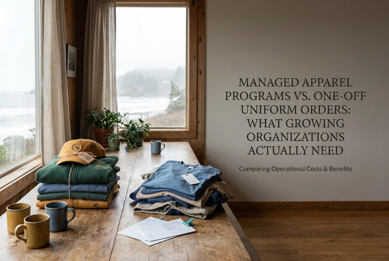 Managed Apparel Programs vs. One-Off Uniform Orders: What Growing Organizations Actually Need Professional header image for comparison analysis: Managed Apparel Programs vs. One-Off Uniform Orders: What...