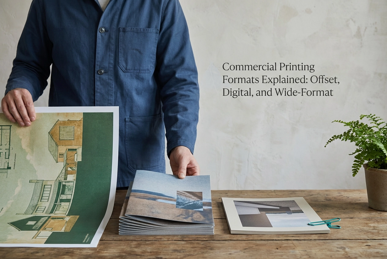Commercial Printing Formats Explained: Offset, Digital, and Wide-Format Professional header image for comparison analysis: Commercial Printing Formats Explained: Offset, Digital, a...