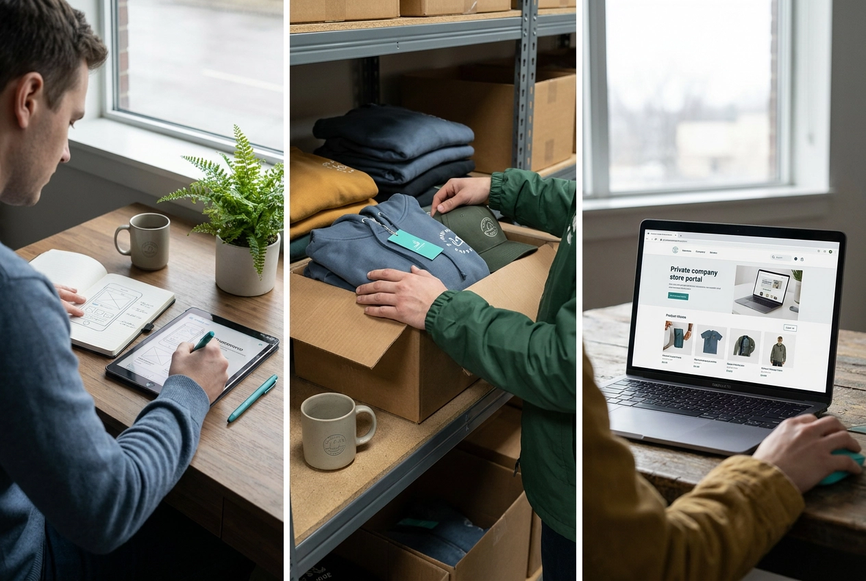 Professional header image for educational tutorial: What Is an Online Company Store? How Employee Branded Mer...